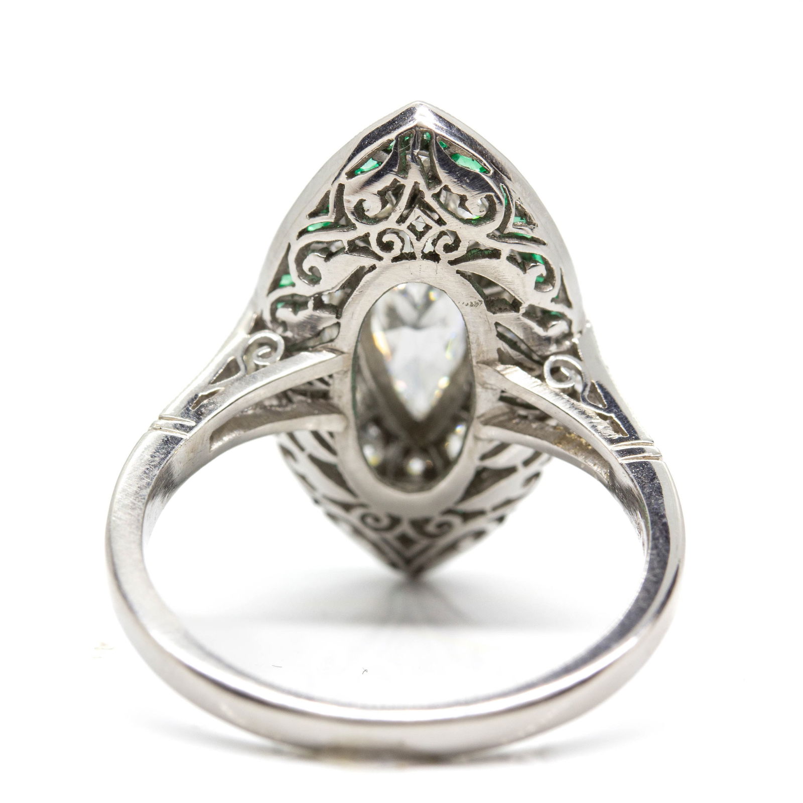 Handmade Platinum Ring with Antique Marquise Diamond and Emeralds - 2