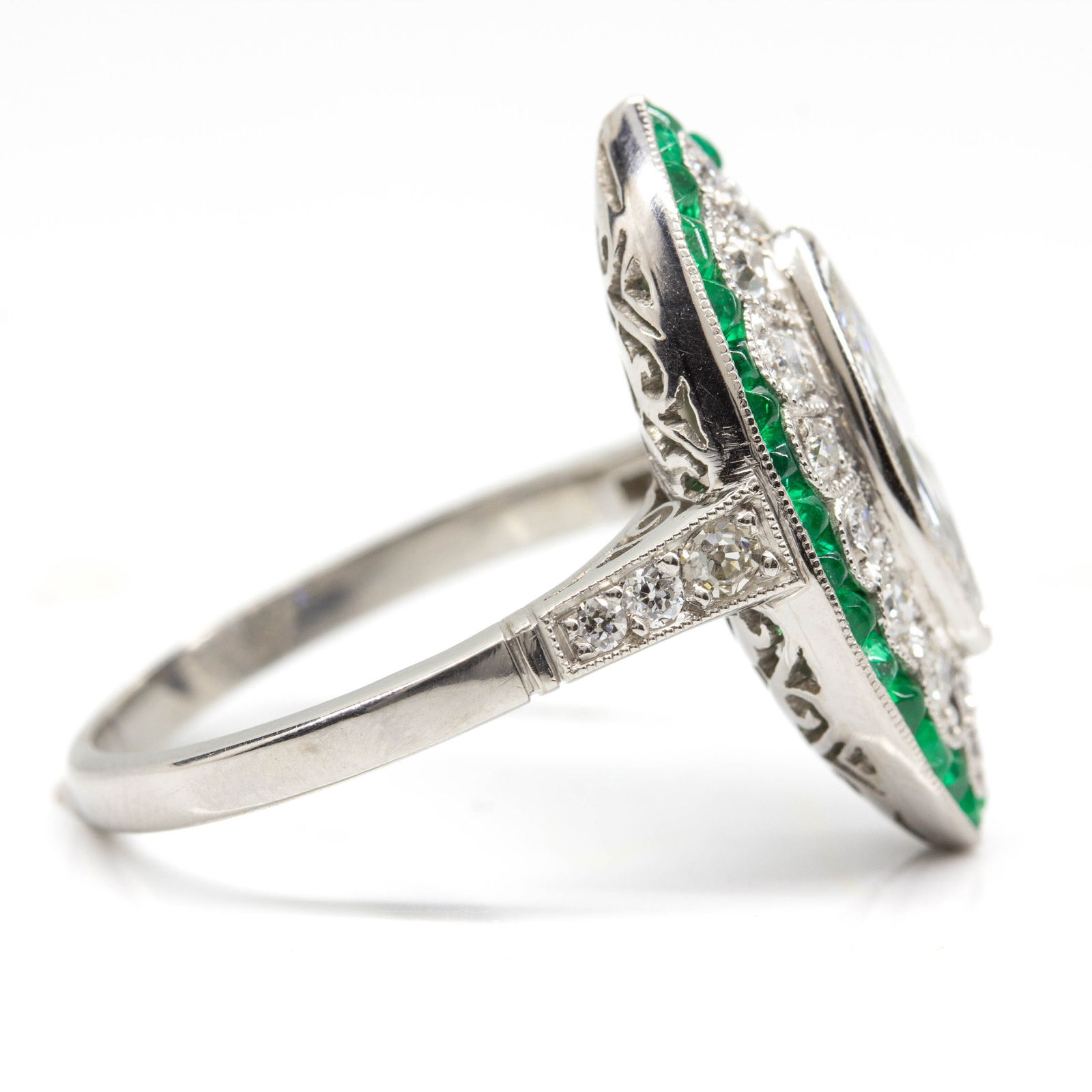 Handmade Platinum Ring with Antique Marquise Diamond and Emeralds - 3