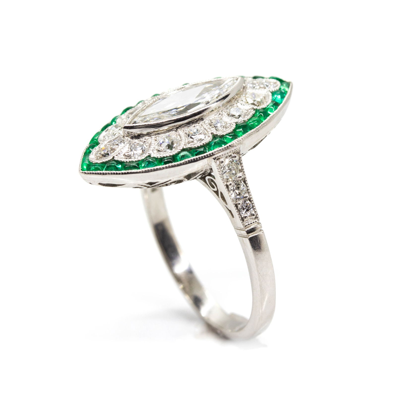 Handmade Platinum Ring with Antique Marquise Diamond and Emeralds - 4