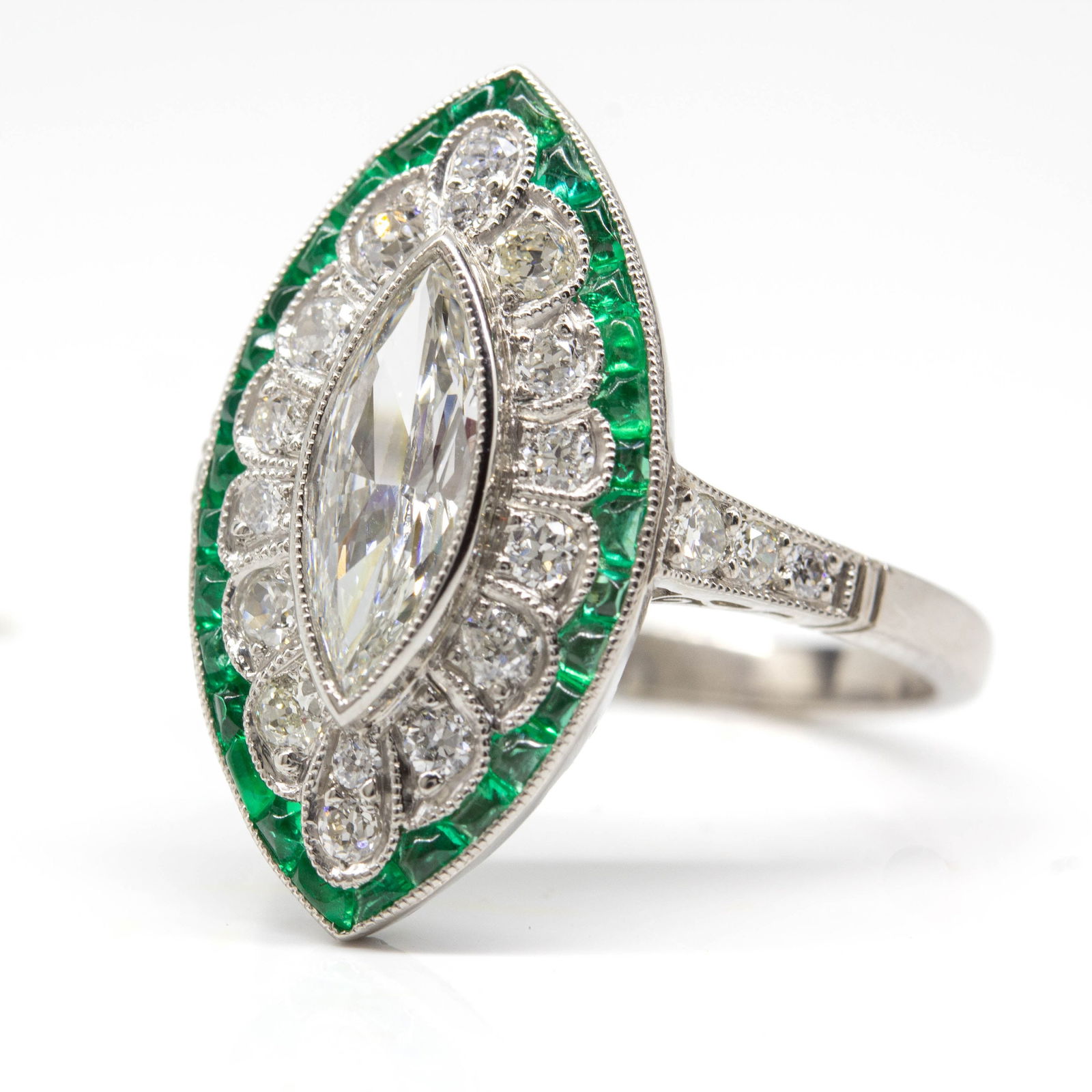 Handmade Platinum Ring with Antique Marquise Diamond and Emeralds - 5