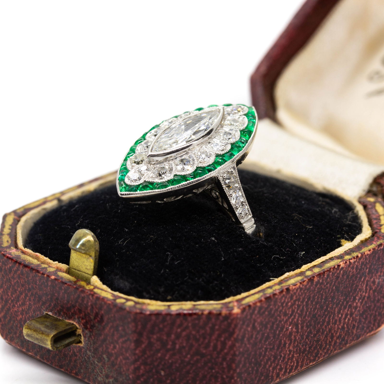 Handmade Platinum Ring with Antique Marquise Diamond and Emeralds - 7