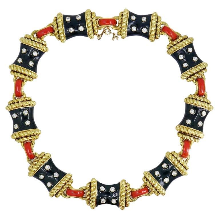 David Webb Gold Necklace Black Enamel Diamond Coral Stud Estate Jewelry - 17