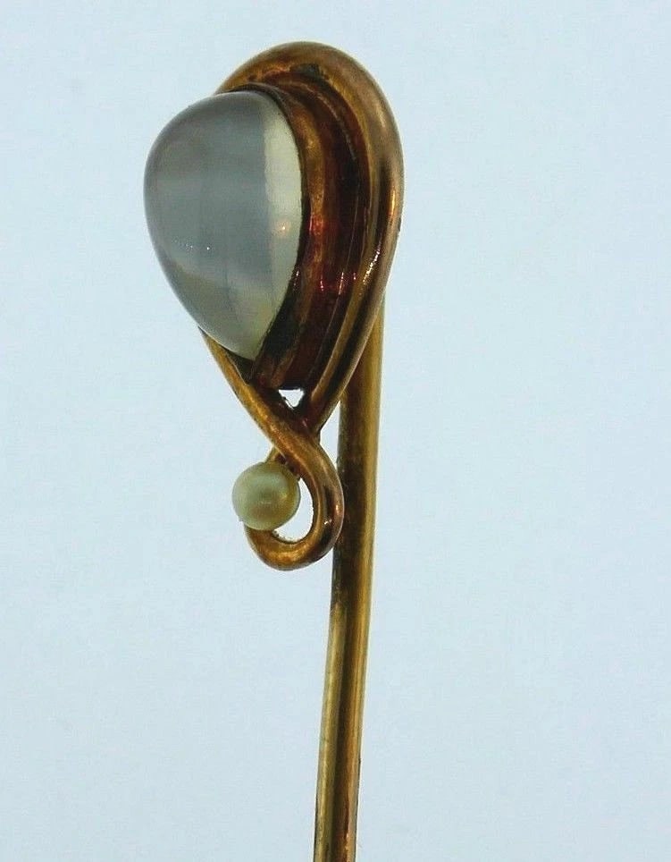 Antique 10k Yellow Gold Moonstone Pearl Pin - 4