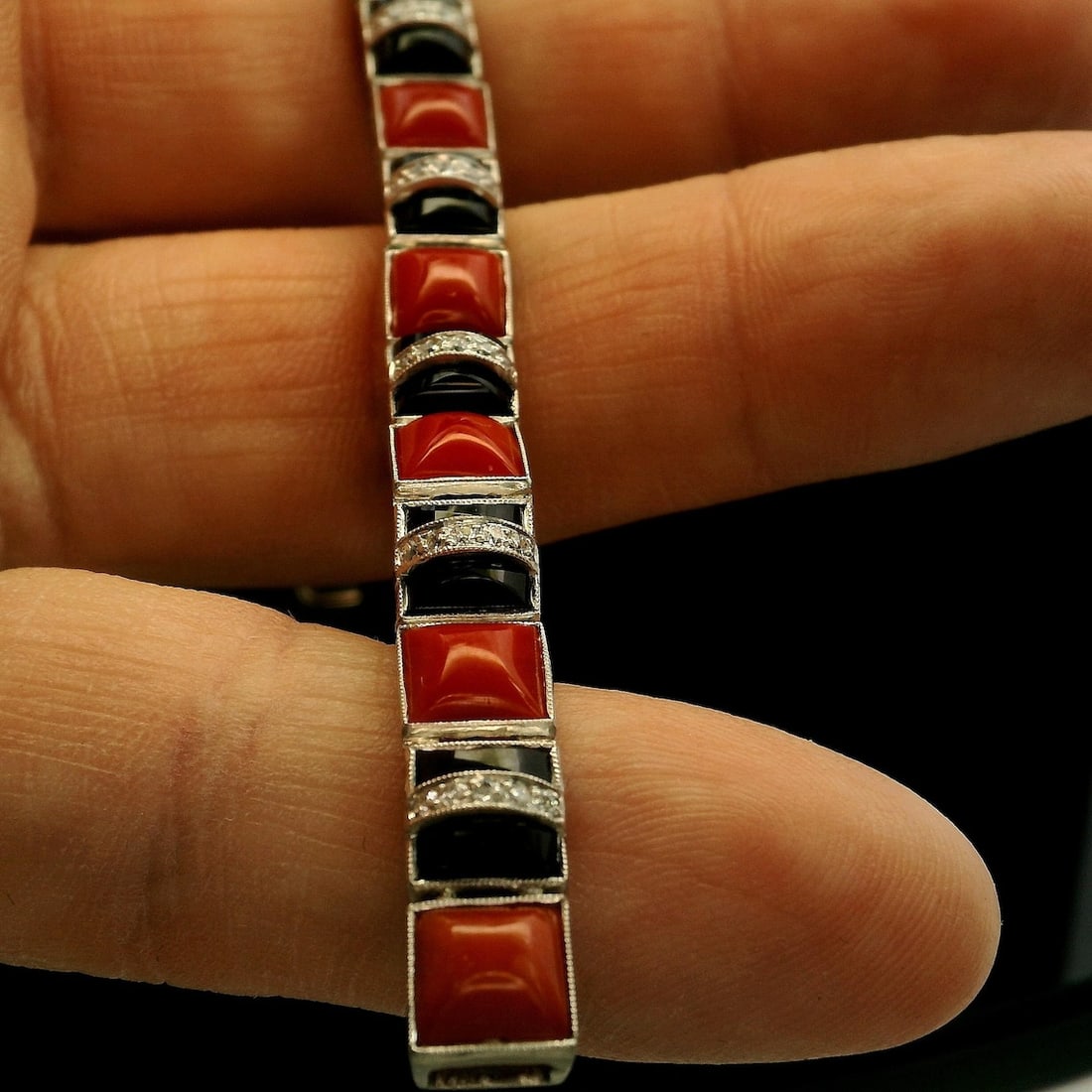 Art Deco Platinum Natural Coral, Onyx and Diamond Bracelet - 2