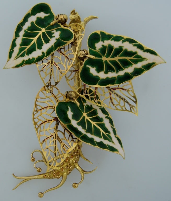 Remarkable French Belle Epoque Movable Enamel Leaves Flower Pin - 19