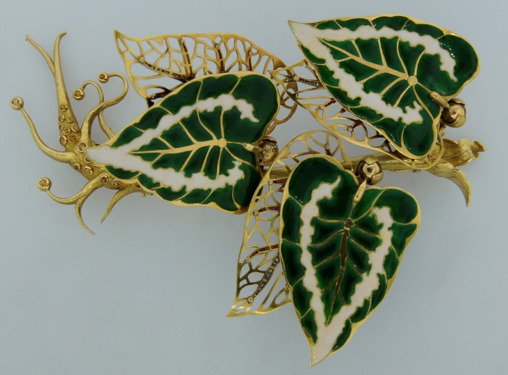 Remarkable French Belle Epoque Movable Enamel Leaves Flower Pin - 20