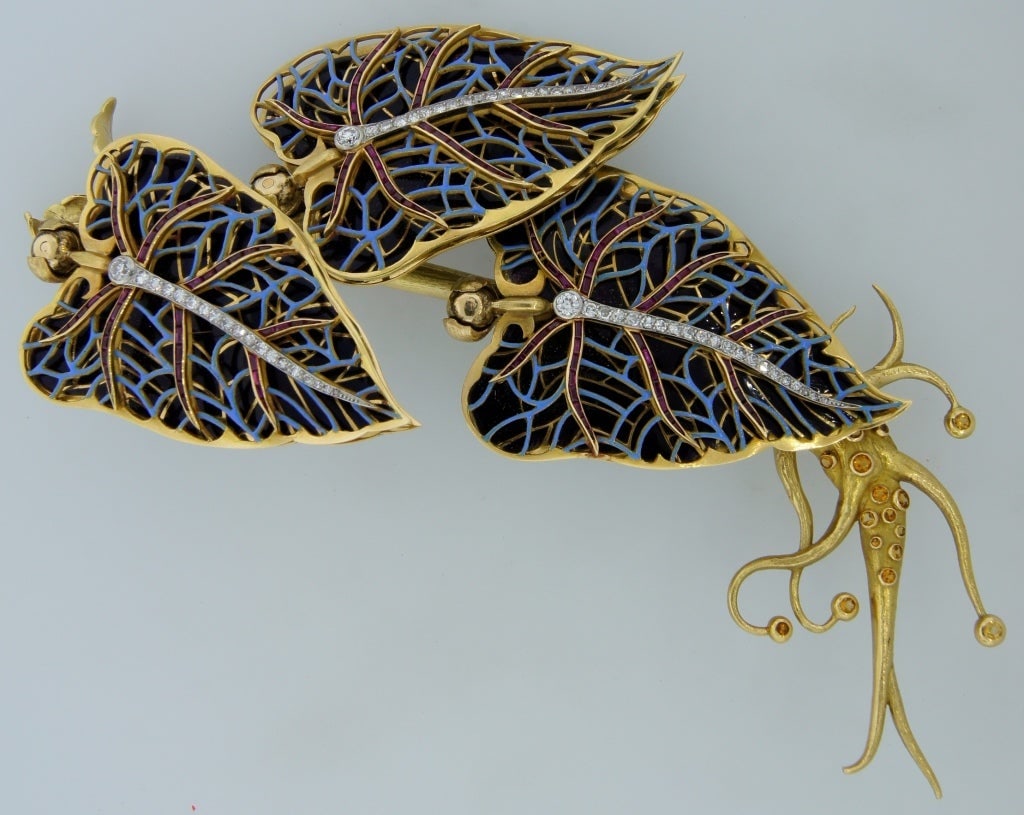 Remarkable French Belle Epoque Movable Enamel Leaves Flower Pin - 3