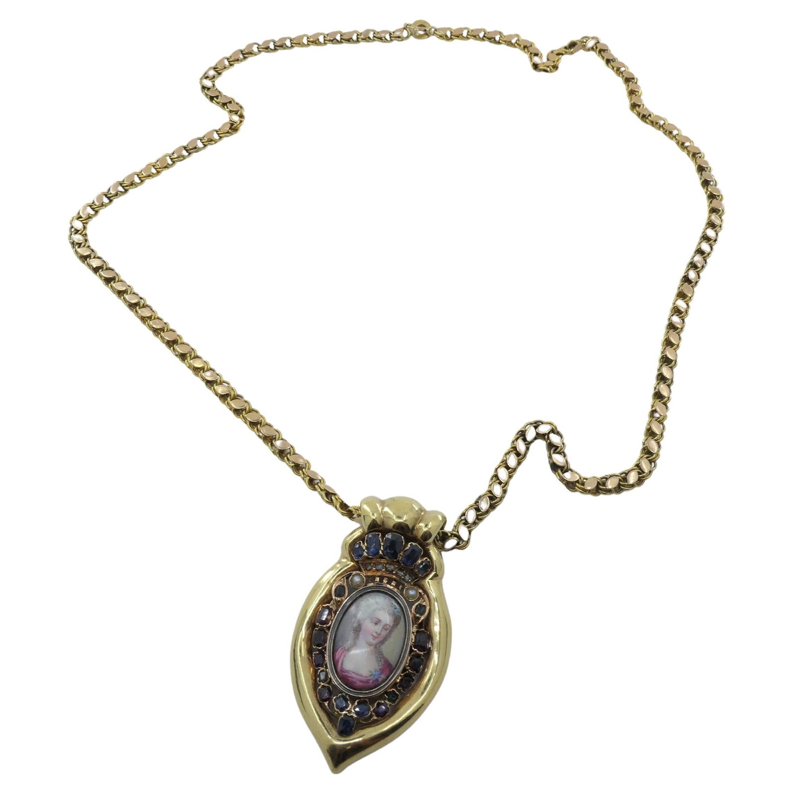 Antique Portrait Miniature Pendant and 14k Gold Chain Necklace - 10