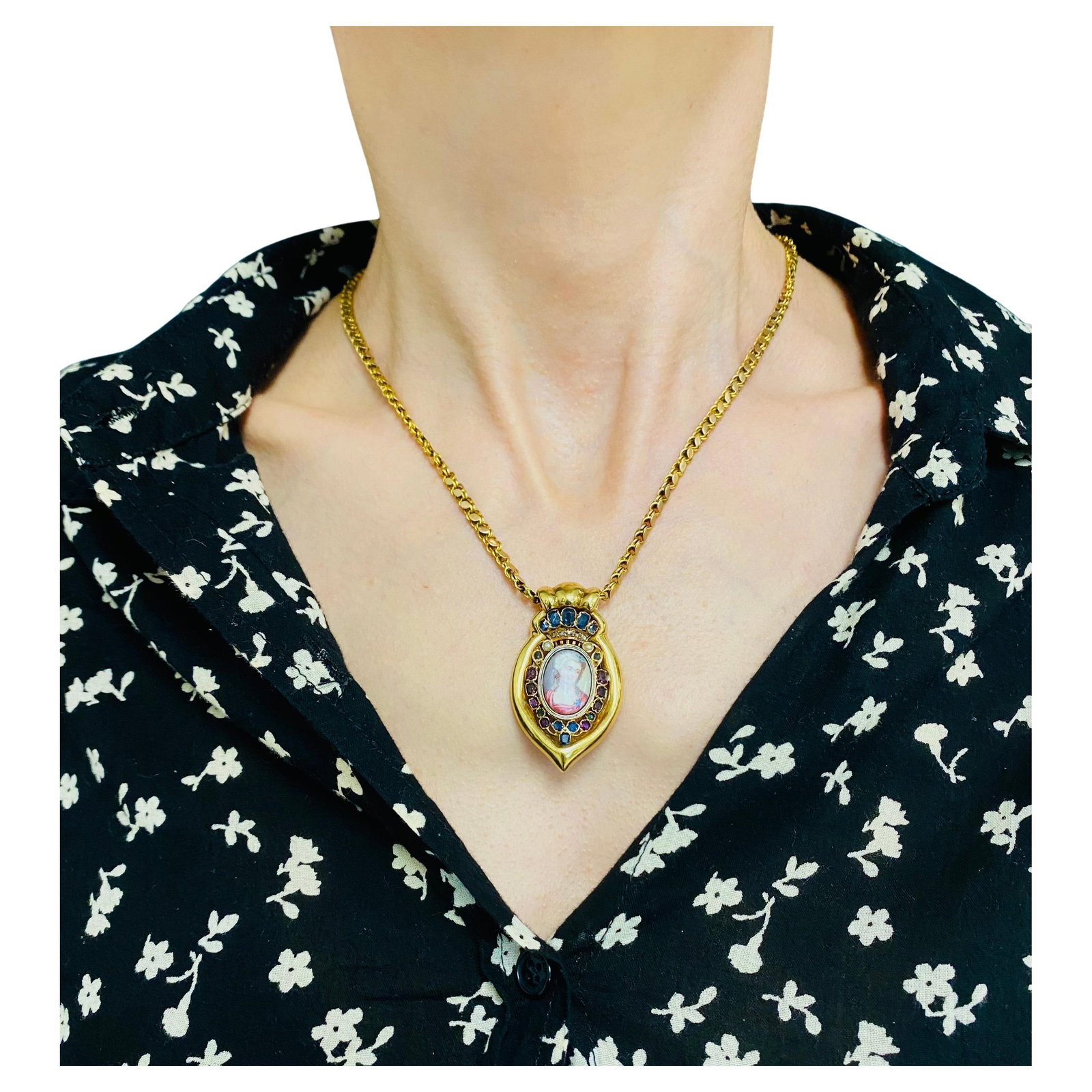 Antique Portrait Miniature Pendant and 14k Gold Chain Necklace - 20