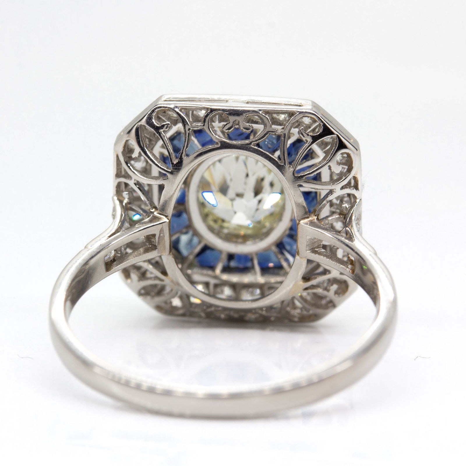 Handmade Platinum Old Mine cut Diamond and French cut Sapphire Ring - 10