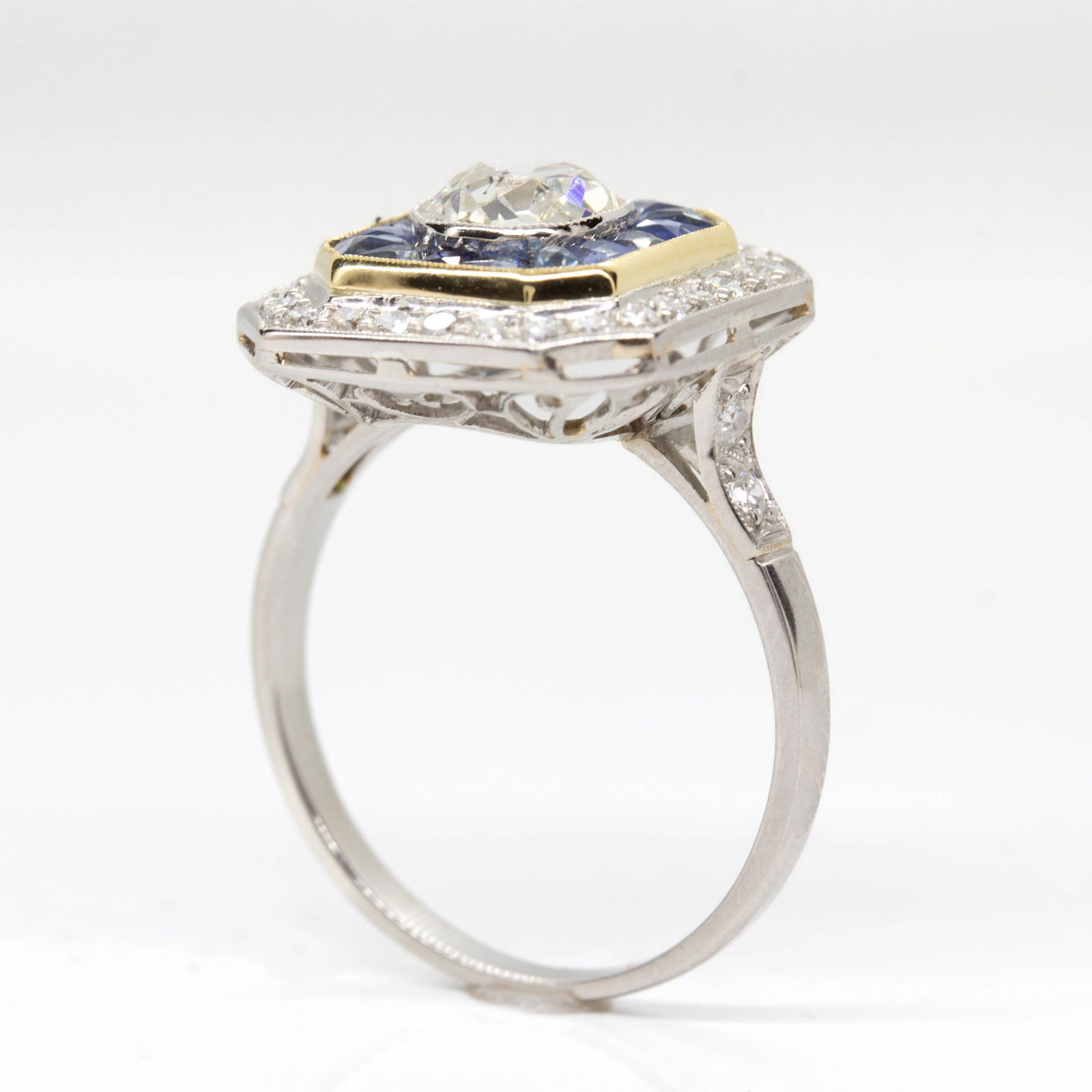 Handmade Platinum Old Mine cut Diamond and French cut Sapphire Ring - 12