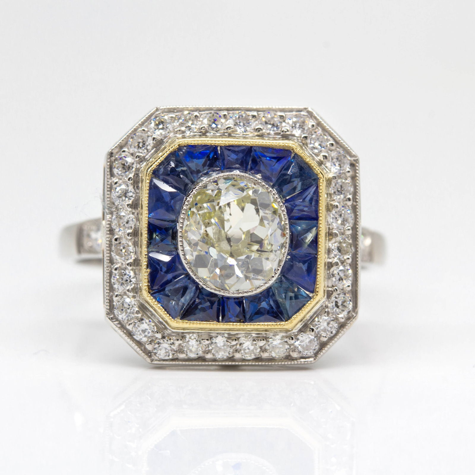 Handmade Platinum Old Mine cut Diamond and French cut Sapphire Ring: Title: Handmade Platinum Old Mine cut Diamond and French cut Sapphire Ring Description: Title: Handmade Platinum Old Mine cut Diamond and French cut Sapphire Ring Description: Gemstone: Diamond Adjust