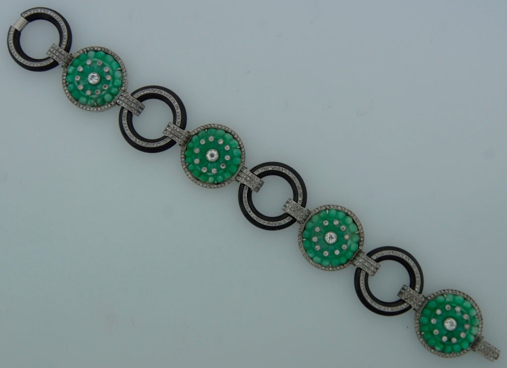Carved Jade Black Onyx Diamond Platinum Bracelet, Art Deco, 1910s - 9