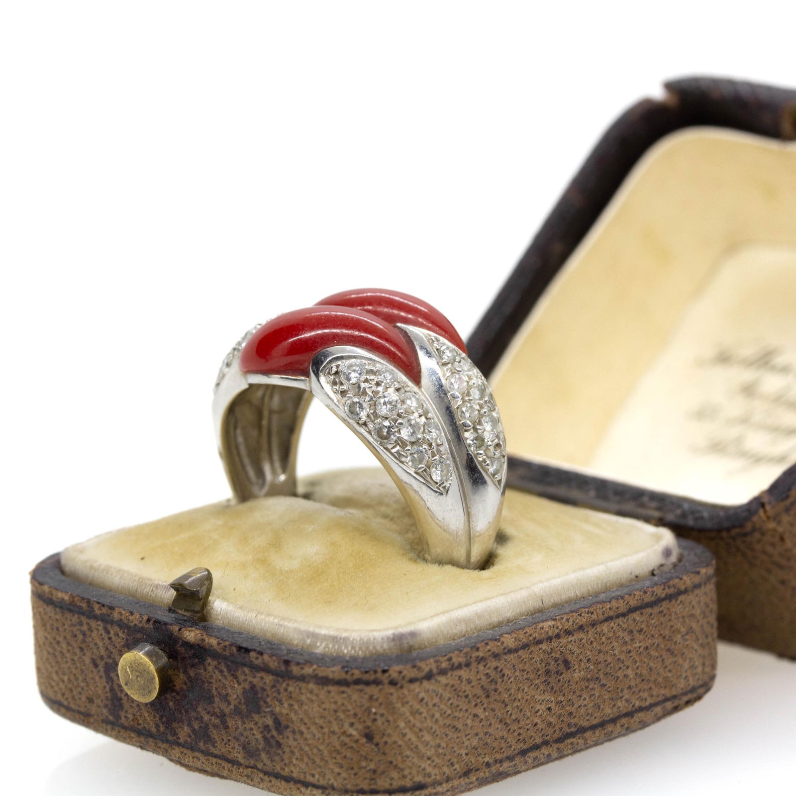 Estate Platinum Natural Coral and Diamond Designer Ring - 3