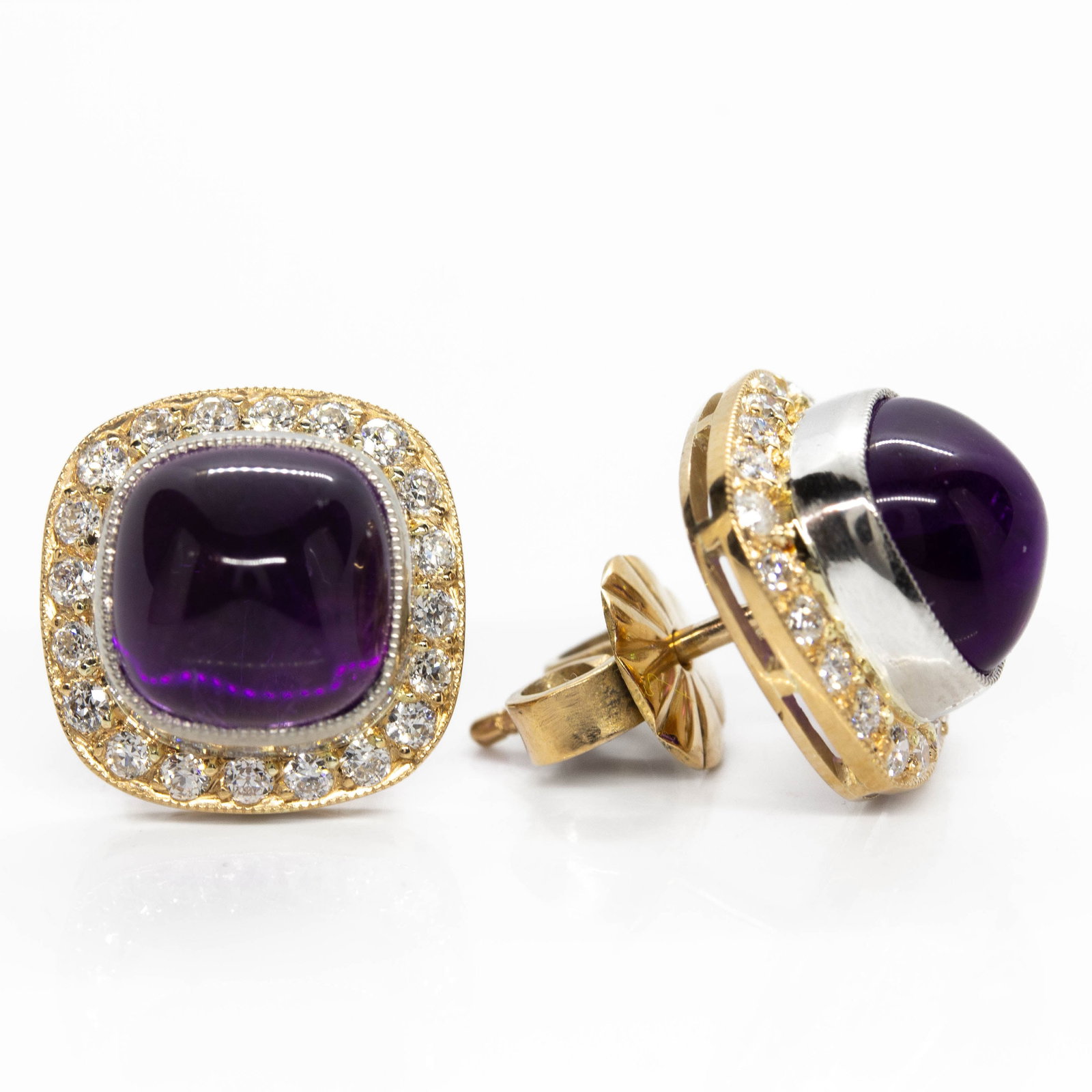 18K Gold and Platinum Amethyst and Diamond Earrings: Title: 18K Gold and Platinum Amethyst and Diamond Earrings Description: Title: 18K Gold and Platinum Amethyst and Diamond Earrings Description: Gemstone: Amethyst Length: 12 Millimeters; Width: 12 Mil