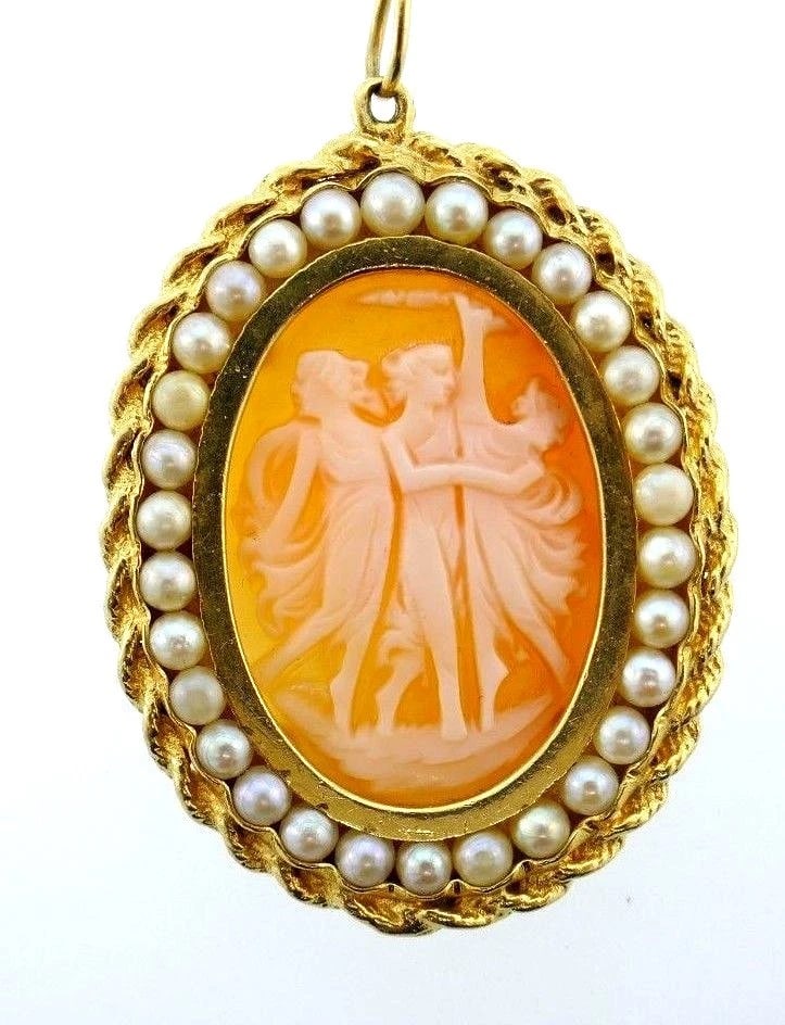 Yellow Gold Pearl Cameo Necklace - 2