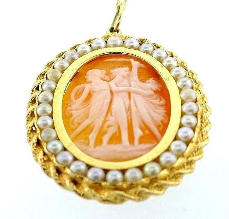 Yellow Gold Pearl Cameo Necklace - 3