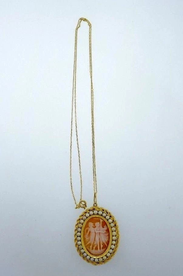 Yellow Gold Pearl Cameo Necklace - 6