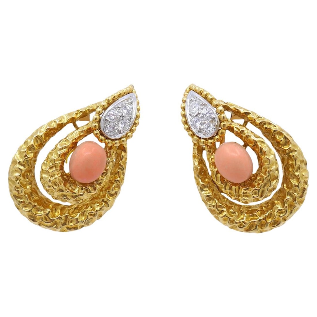 Mauboussin Paris 18k Hammered Gold Diamond Coral Earrings - 18