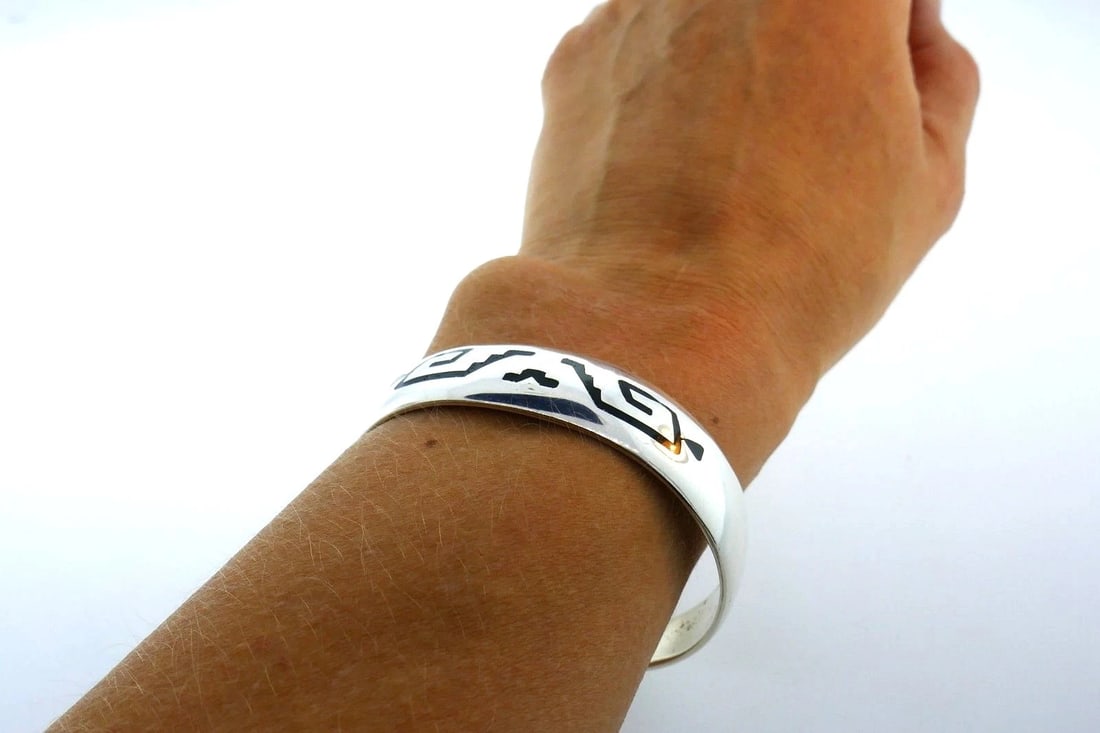Sterling Silver Enamel Mexican Ornamented Bangle - 6