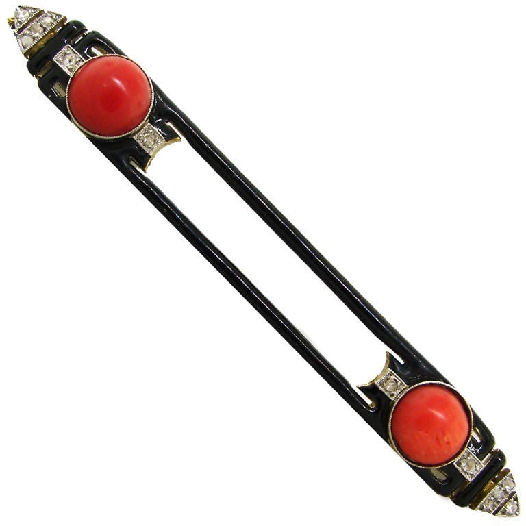 Art Deco Diamond, Coral, Enamel, Platinum & Gold Pin by MARCHAK - 2