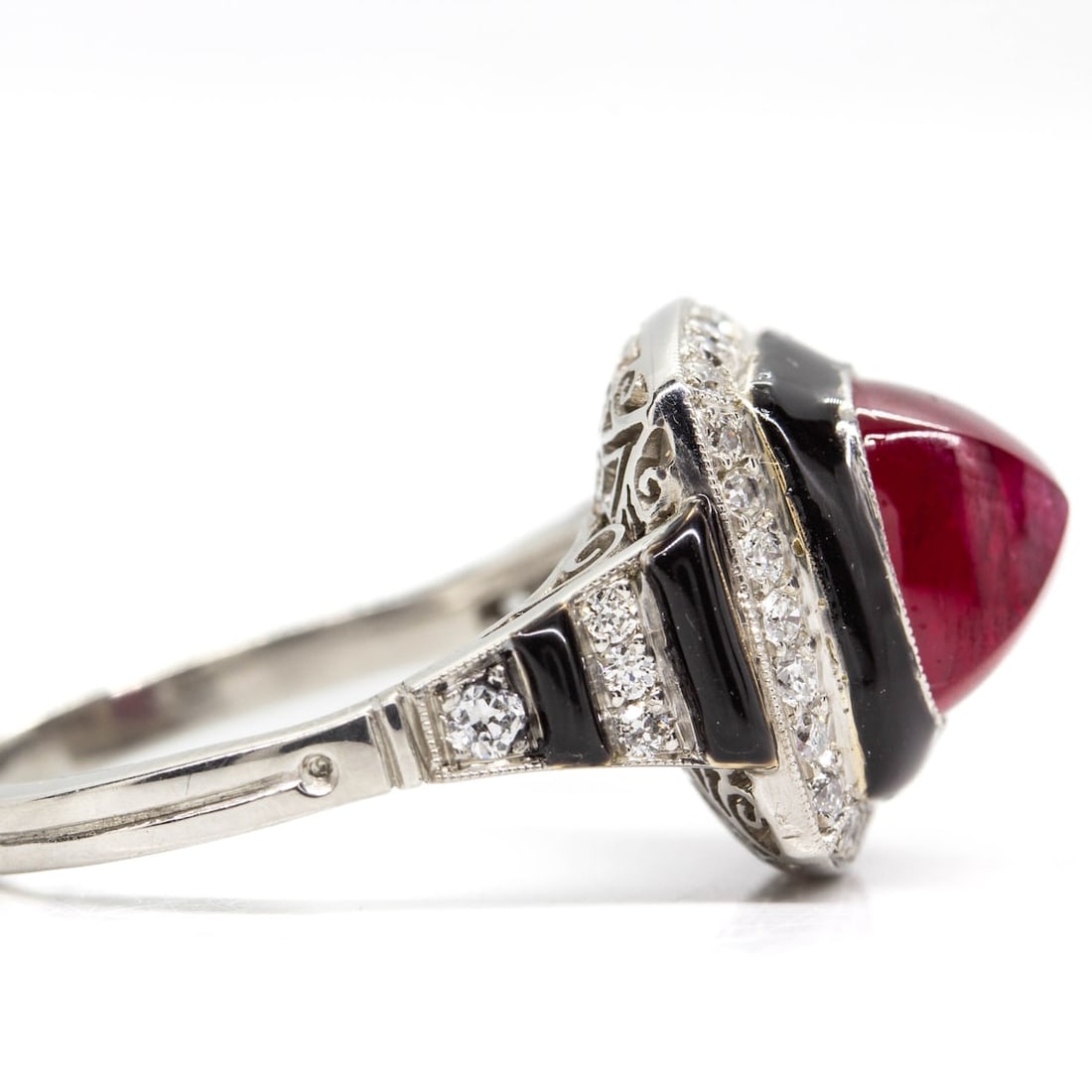 Handmade Platinum Natural Ruby and Old Mine Diamond Ring - 2