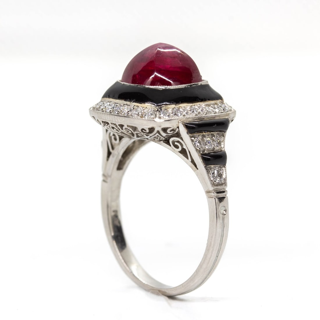 Handmade Platinum Natural Ruby and Old Mine Diamond Ring - 6