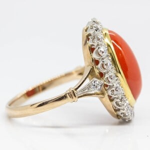 Estate 18k gold and Platinum Coral and Diamond Ring - 2