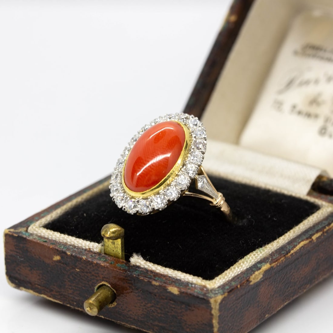 Estate 18k gold and Platinum Coral and Diamond Ring - 7