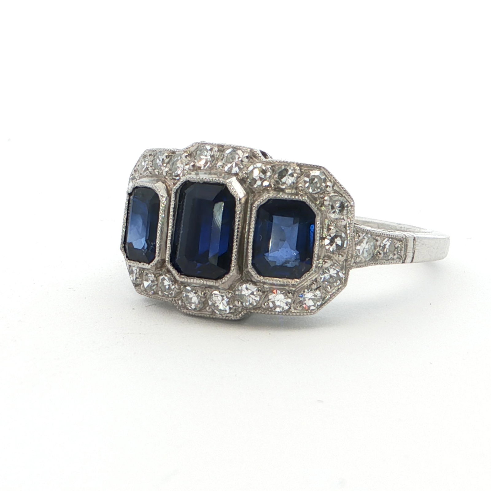 Platinum Multi-Stone Ring with Emerald-Cut Deep Blue Sapphires and Diamonds - 10