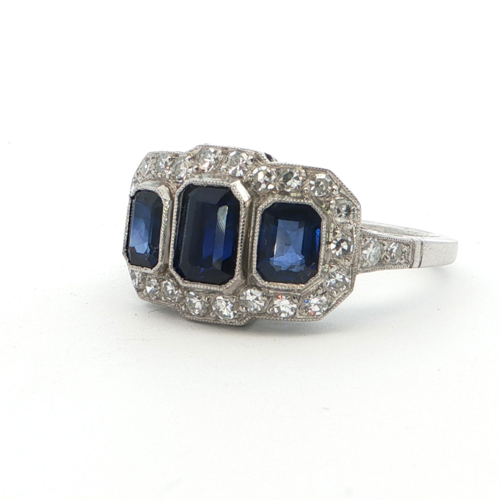 Platinum Multi-Stone Ring with Emerald-Cut Deep Blue Sapphires and Diamonds - 2