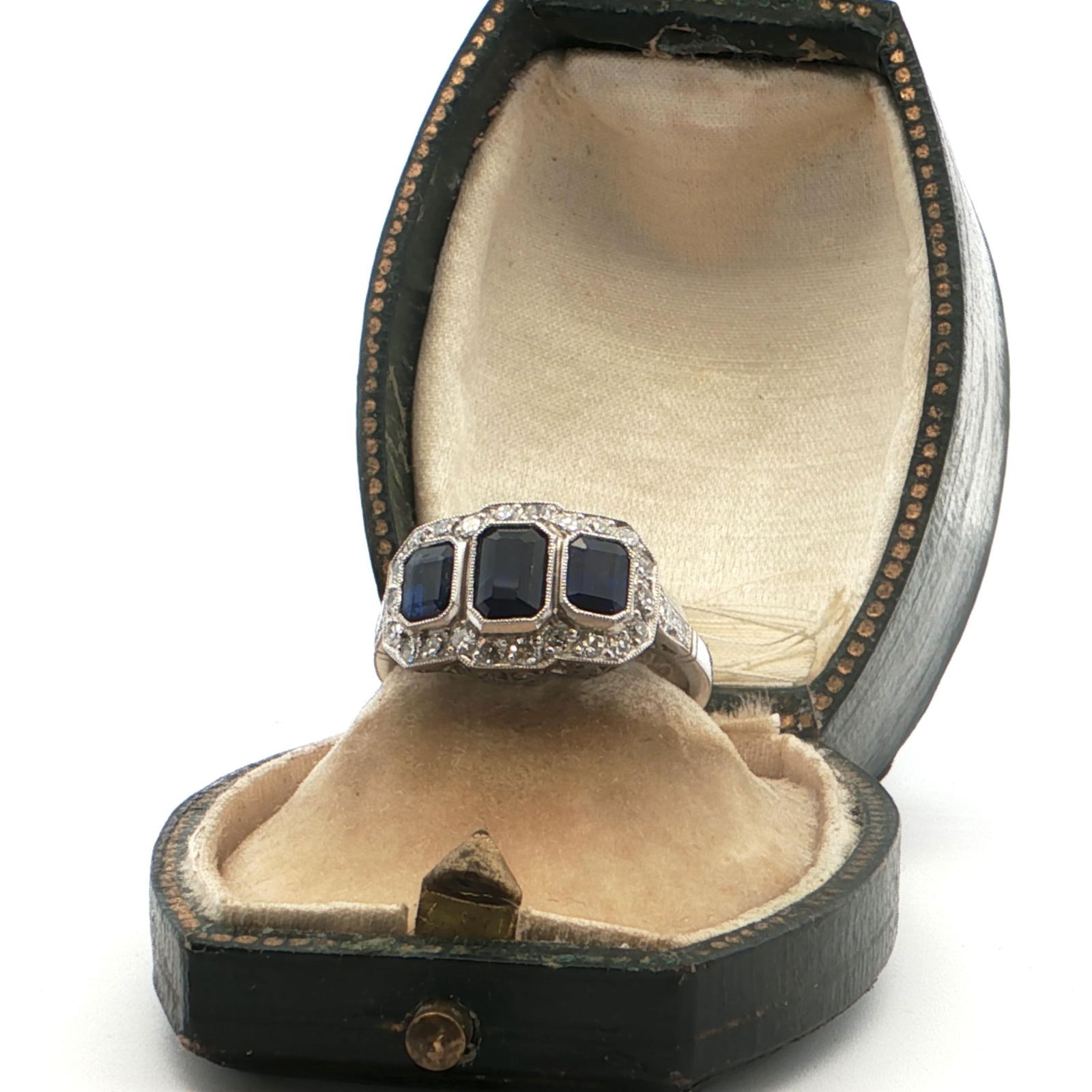Platinum Multi-Stone Ring with Emerald-Cut Deep Blue Sapphires and Diamonds - 4