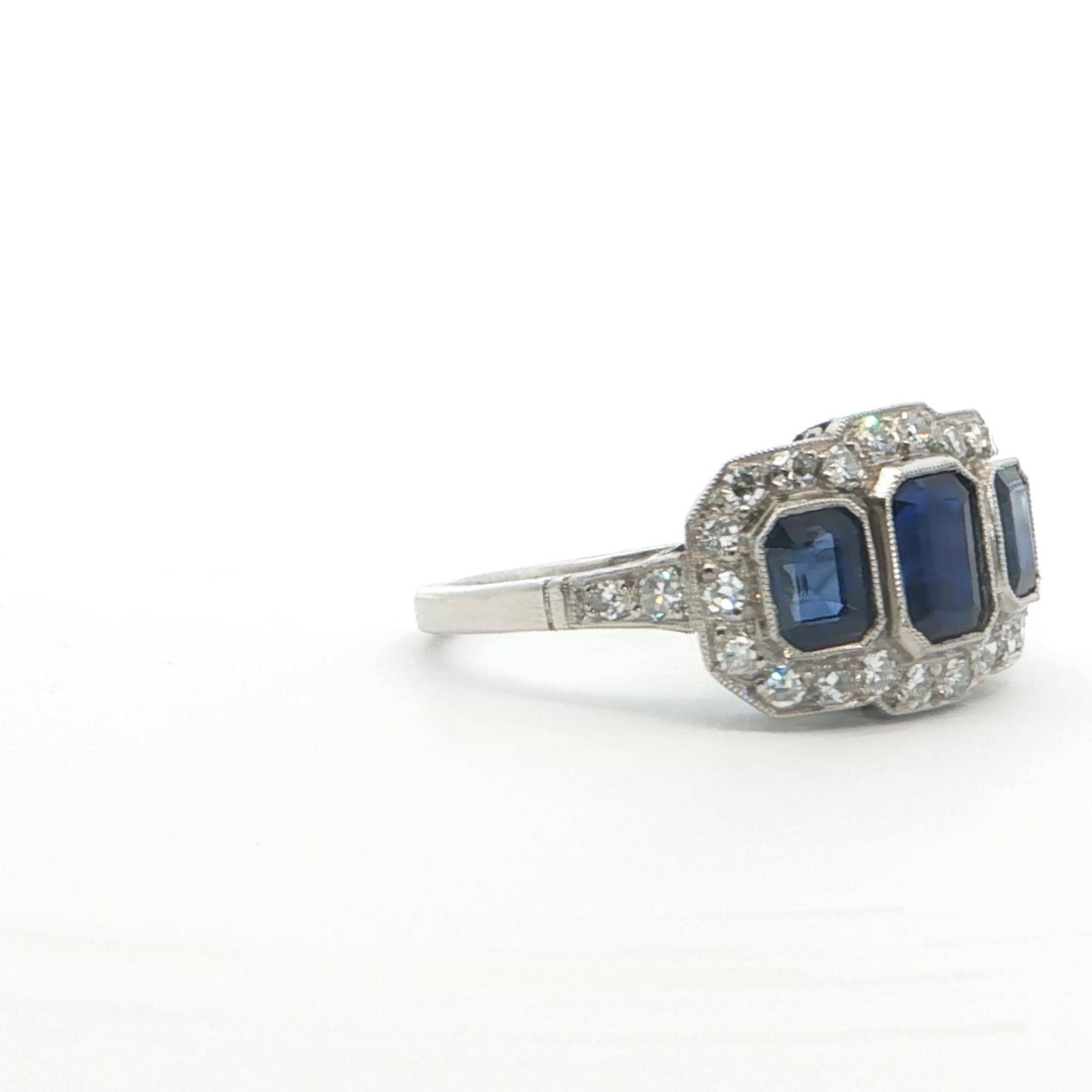 Platinum Multi-Stone Ring with Emerald-Cut Deep Blue Sapphires and Diamonds - 5