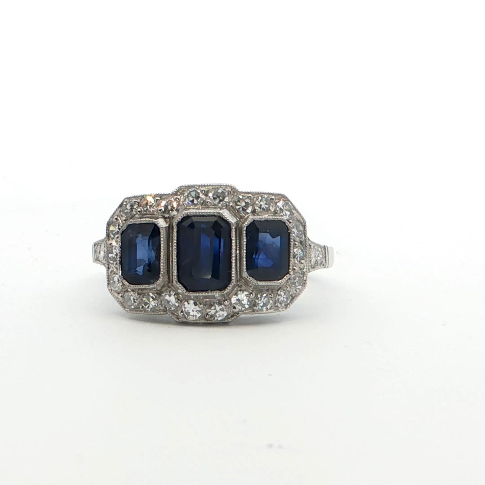 Platinum Multi-Stone Ring with Emerald-Cut Deep Blue Sapphires and Diamonds - 6