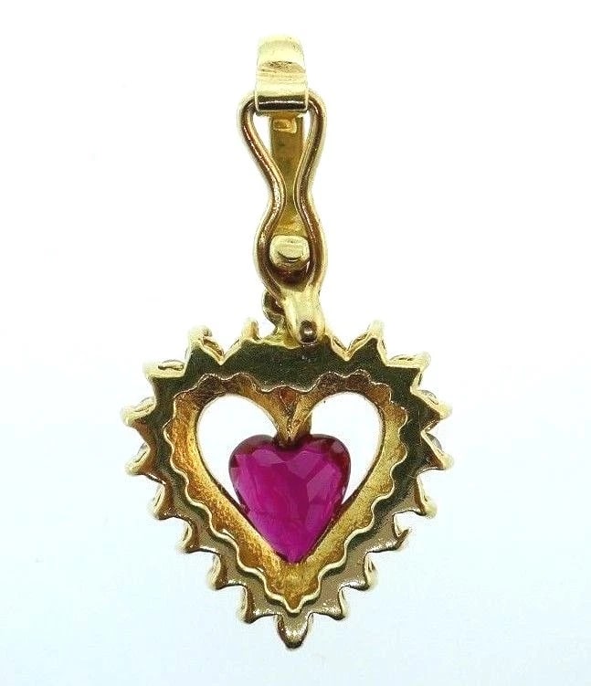 14k Yellow Gold Diamond Ruby Heart Charm Pendant - 2