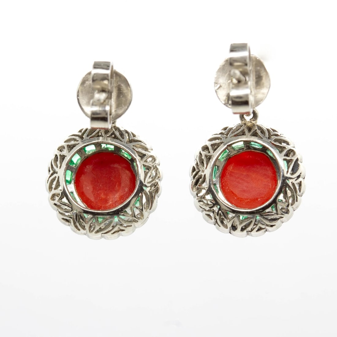 Art Deco Natural Coral, Emerald, and Diamond Earrings - 3