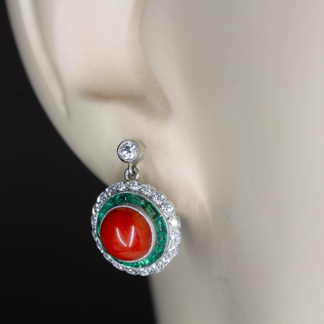 Art Deco Natural Coral, Emerald, and Diamond Earrings - 5