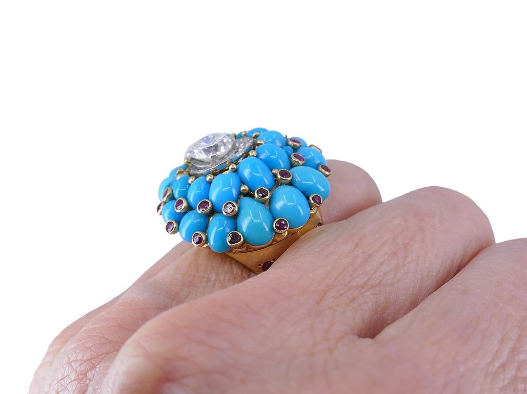 Retro Horovitz Alexandrie Turquoise Ring Ruby Diamond 18k Gold Vintage Jewelry - 12