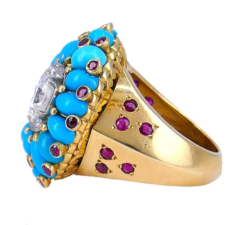 Retro Horovitz Alexandrie Turquoise Ring Ruby Diamond 18k Gold Vintage Jewelry - 14