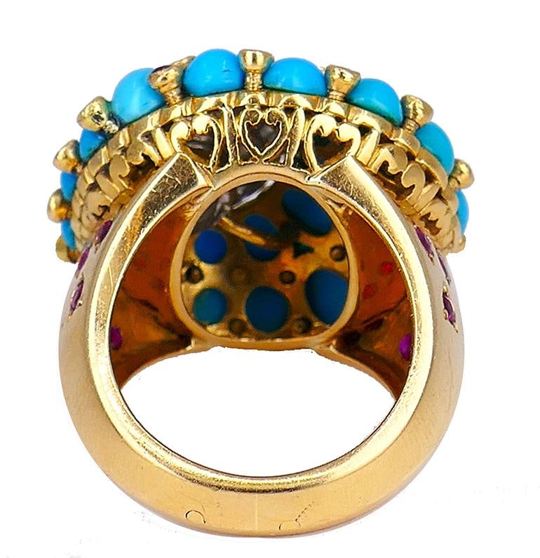 Retro Horovitz Alexandrie Turquoise Ring Ruby Diamond 18k Gold Vintage Jewelry - 3