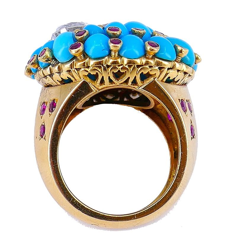 Retro Horovitz Alexandrie Turquoise Ring Ruby Diamond 18k Gold Vintage Jewelry - 4