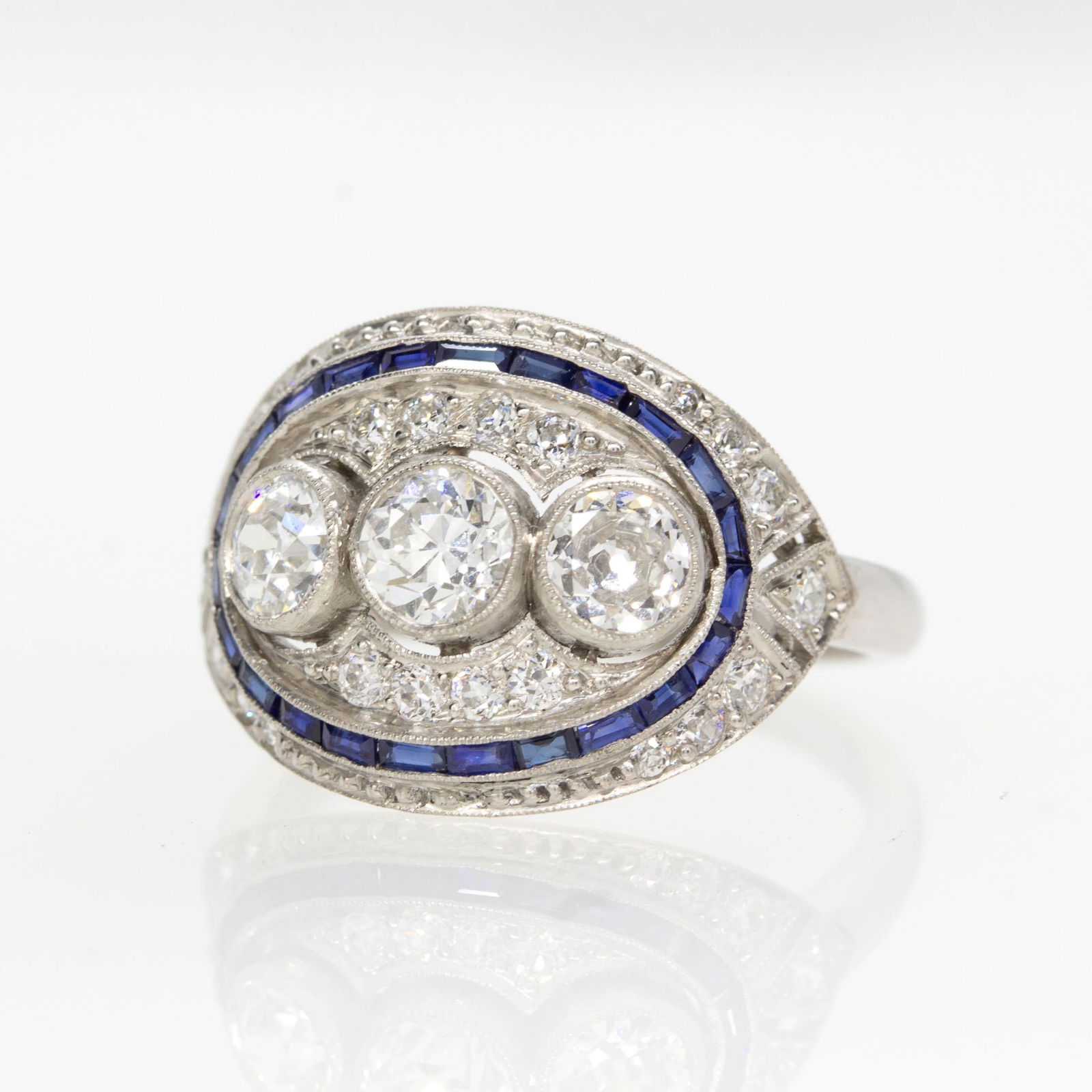 Art Deco Inspired Platinum Old Mine Diamond and Natural Sapphire Ring - 2