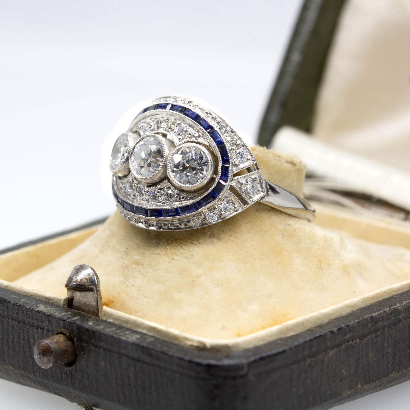 Art Deco Inspired Platinum Old Mine Diamond and Natural Sapphire Ring - 7