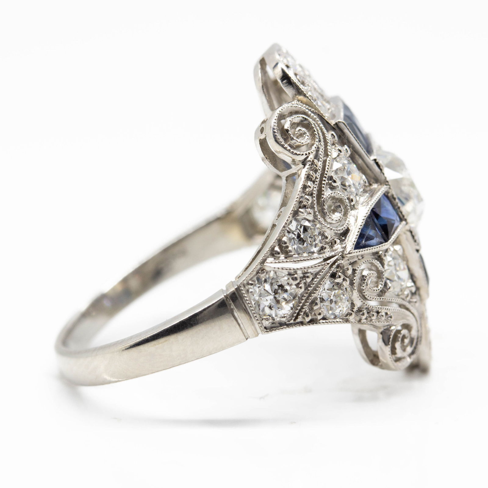 Art Deco Platinum Old Mine Cut Diamond and French cut Sapphire Ring - 2
