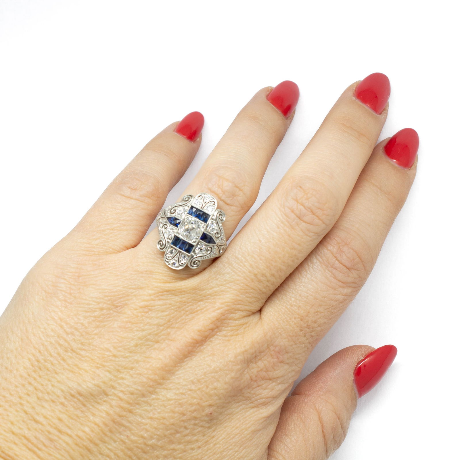 Art Deco Platinum Old Mine Cut Diamond and French cut Sapphire Ring - 7