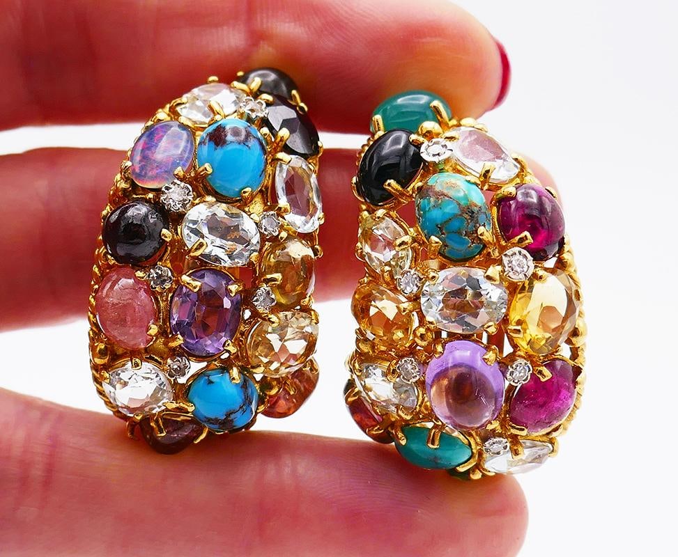 Vintage French 18k Gold Gemstones Earrings Signed MBM - 18