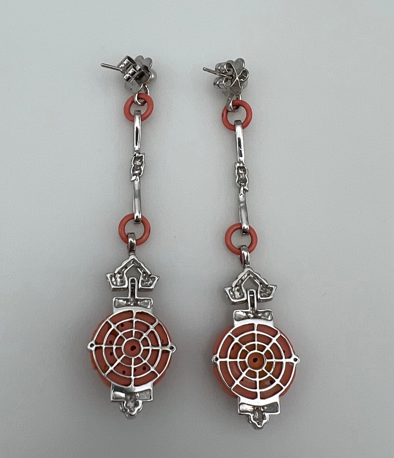 Art Deco White Gold Coral Diamond Pearl and Enamel Dangle Earrings - 12