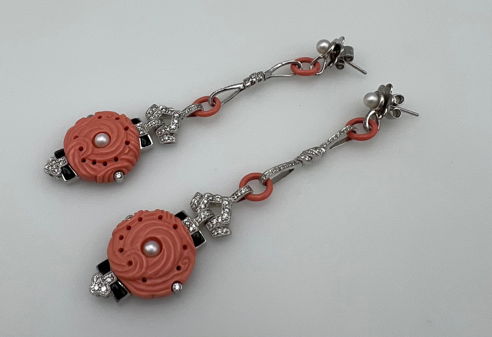 Art Deco White Gold Coral Diamond Pearl and Enamel Dangle Earrings - 13