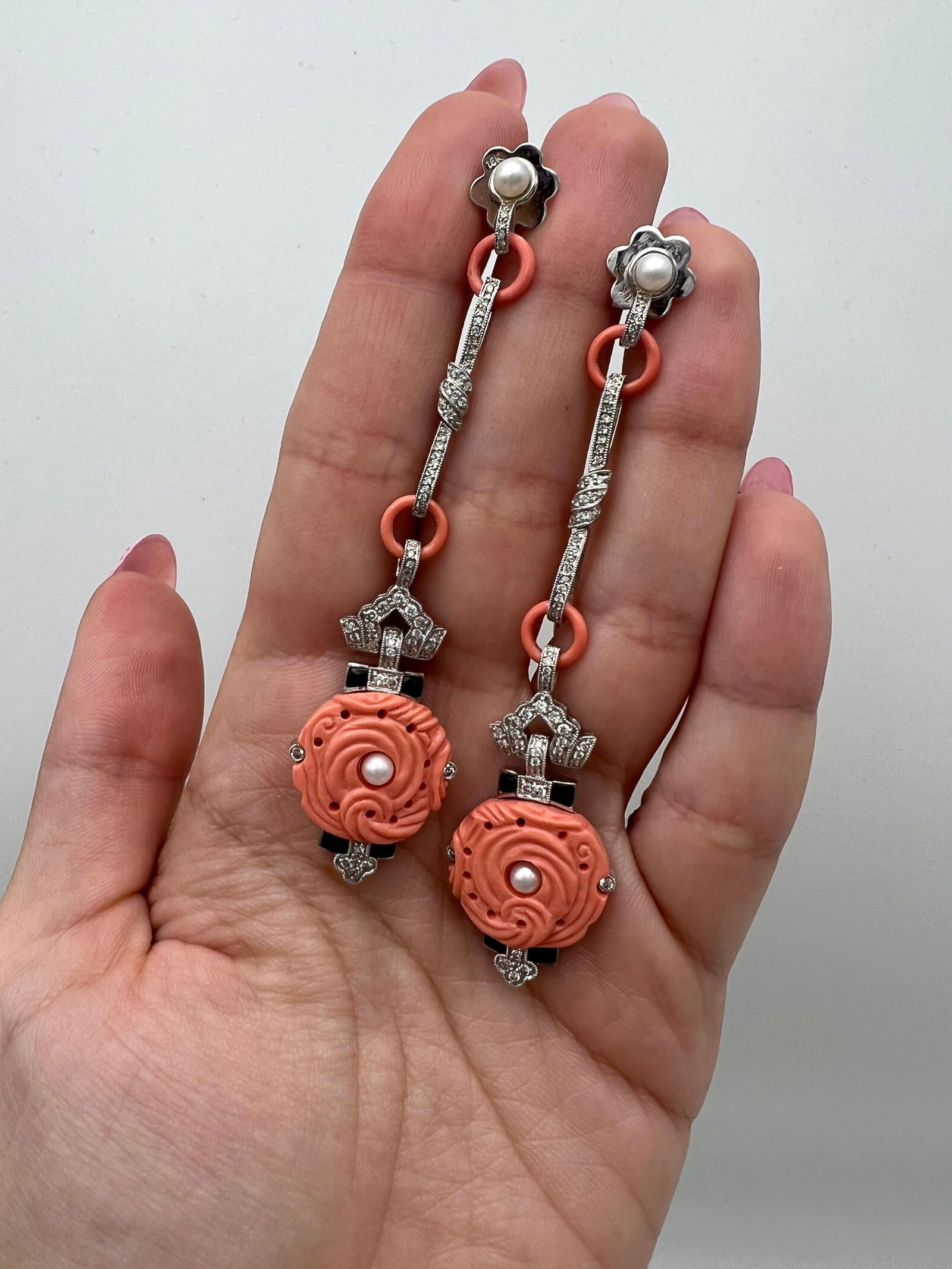 Art Deco White Gold Coral Diamond Pearl and Enamel Dangle Earrings - 2