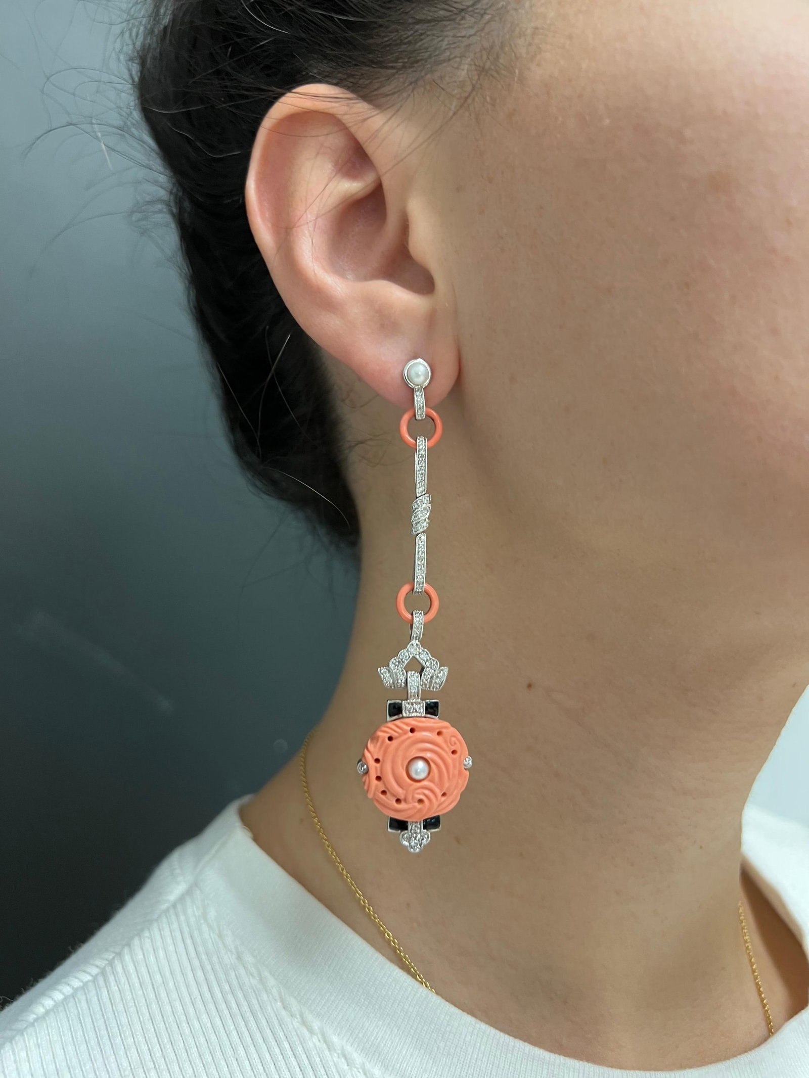 Art Deco White Gold Coral Diamond Pearl and Enamel Dangle Earrings - 6